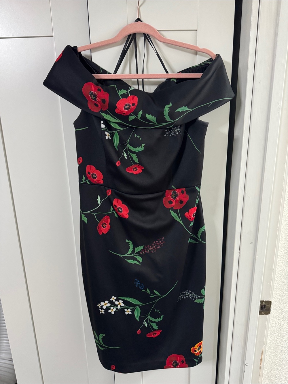 Calvin Klein Off-Shoulder Black Floral Sheath Dress